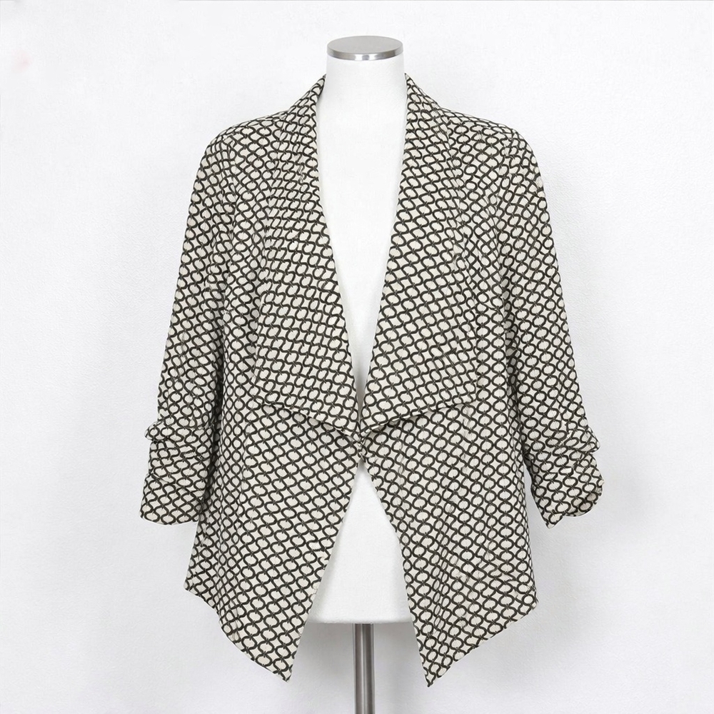 Karen Kane Knit Blaze Tan Black Geometric Drapey Open Front Ruche Sleeve Size 2X